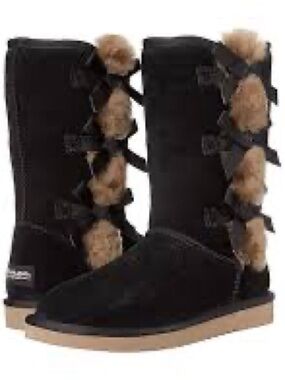 Koolaburra Black Mid-Calf Boots with Tan Fur Accents and Side Bows